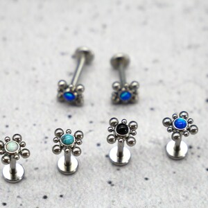 May include: Six different styles of surgical steel body jewelry with a variety of colored gemstones. The jewelry is in the shape of a small flower with a single gemstone in the center.