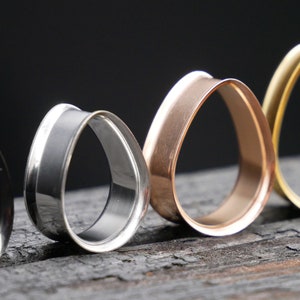 May include: Four different colored teardrop-shaped ear gauges. The gauges are made of metal and are arranged in a row from left to right. The colors are black, silver, rose gold, and gold.