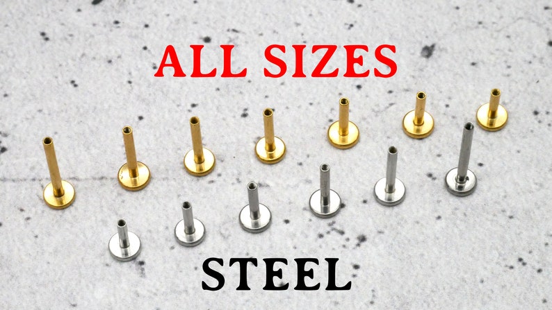 May include: A range of sizes of surgical steel body jewellery in gold and silver. The text "ALL SIZES" and "STEEL" are visible in the image.