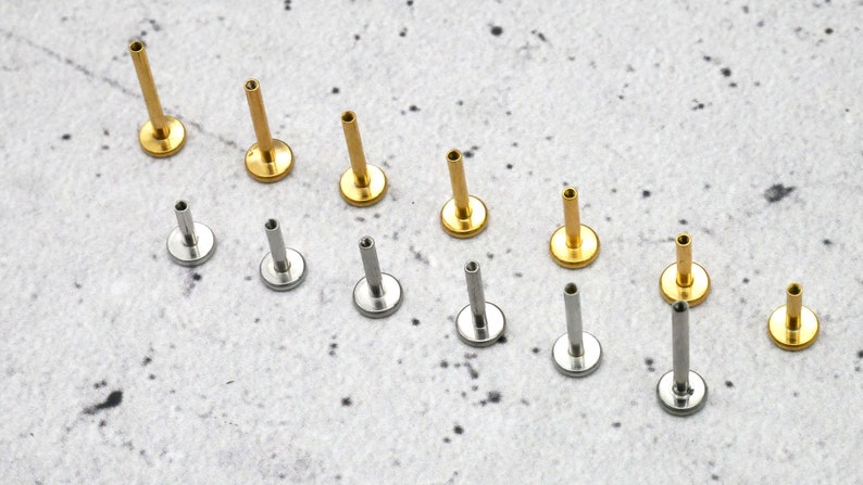 May include: A collection of 12 gold and silver body jewellery pieces. The jewellery is in the shape of a stud with a small ball on the end. The studs are arranged in two rows, with the gold studs on the top row and the silver studs on the bottom row.