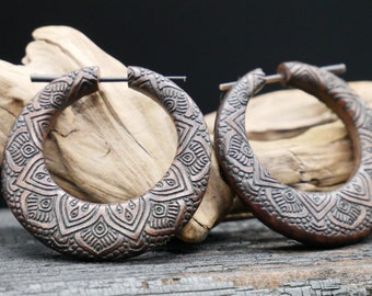 Earrings, hoop earrings made of wood with engraving - AA7