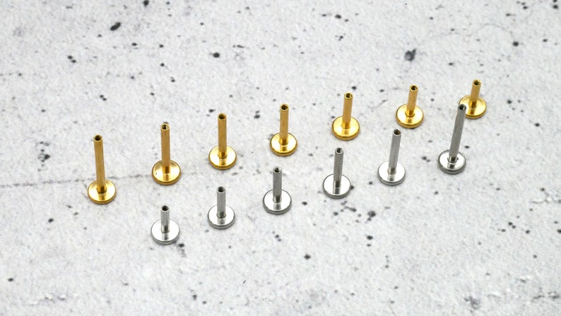 May include: A collection of 12 gold and silver body jewellery pieces. The jewellery is in the shape of a small stud with a flat back. The studs are arranged in two rows on a white surface.