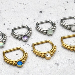 Könnte beinhalten: Sechs verschiedene Septumringe mit dekorativen Perlen und verschiedenen farbigen Edelsteinen. Die Ringe sind aus Chirurgenstahl und in verschiedenen Farben erhältlich.