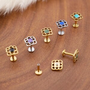 Può includere: Una collezione di piercing labret in metallo con una parte superiore decorativa a forma di fiore traforato e una pietra circolare centrale. I piercing sono disponibili in tonalità oro e argento con pietre di vari colori tra cui nero, viola, verde, blu e turchese.