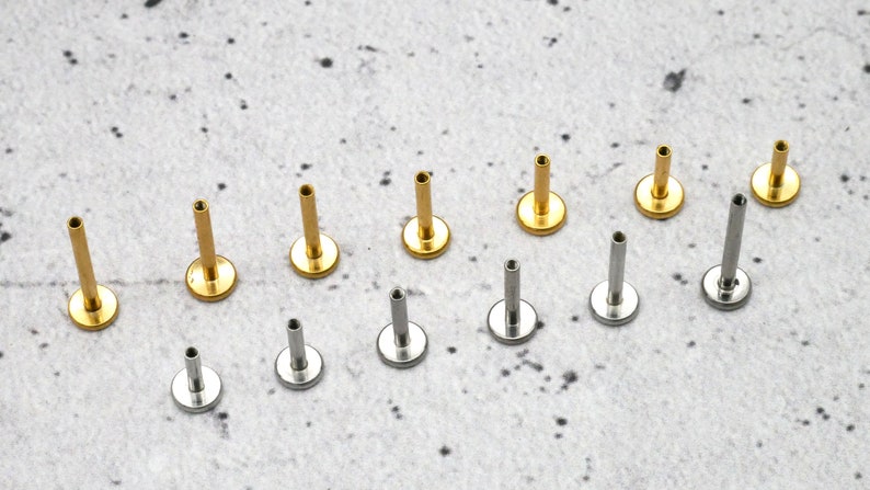 May include: A collection of 14 gold and silver body jewellery pieces. The jewellery is in the shape of a small stud with a flat base. The studs are arranged in two rows on a light grey surface.