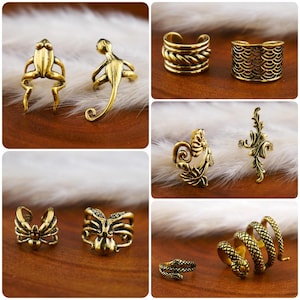 Könnte beinhalten: Ein Set aus zehn goldfarbenen Ohrmanschetten mit verschiedenen Designs, darunter ein Eidechse, eine Spinne, eine Schlange und florale Muster.