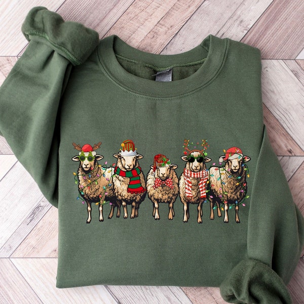 Schapen kerst licht sweatshirt, kerst crewneck, vakantiecadeau voor boer, kerst schapen trui, boerderij dieren kerst hoodie