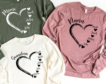 Custom Grandma Long Sleeve, Grandma Heart Long Sleeve, Grandkids Name Shirt, Gift For Nana, Grammy Long Sleeve