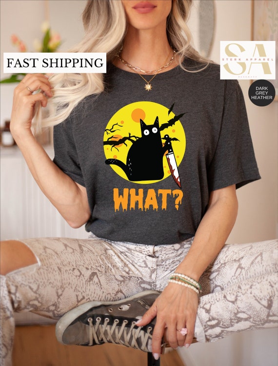 What? Halloween Murderous Cat Holding Knife Cat Lovers Gift T-Shirt What? Halloween Murderous Cat Holding Knife Cat Lovers Gift T-Shirt