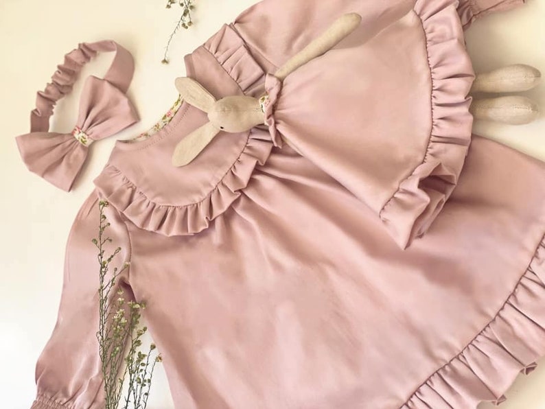Long Sleeve Girl Dress Ruffle Stylish Baby Girl Dress Baby Girl Outfit Pink Dress for Baby Birthday Handmade Dress