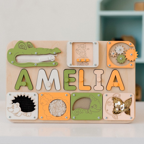 Tactile Name Puzzle Busy Board Personalisierte Baby Geschenk-Baby-Dusche Holz Puzzle Montessori Spielzeug ersten Geburtstag Lernbrett Kleinkind Spielzeug