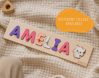 Puzzle de nom personnalisé avec chevilles, nouveau cadeau de bébé, jouets en bois, fête de bébé, cadeaux de Noël pour enfants, jouets personnalisés pour tout-petits, premier anniversaire