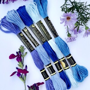 5 Blue/Purple Embroidery Threads, 8 metres per Skein