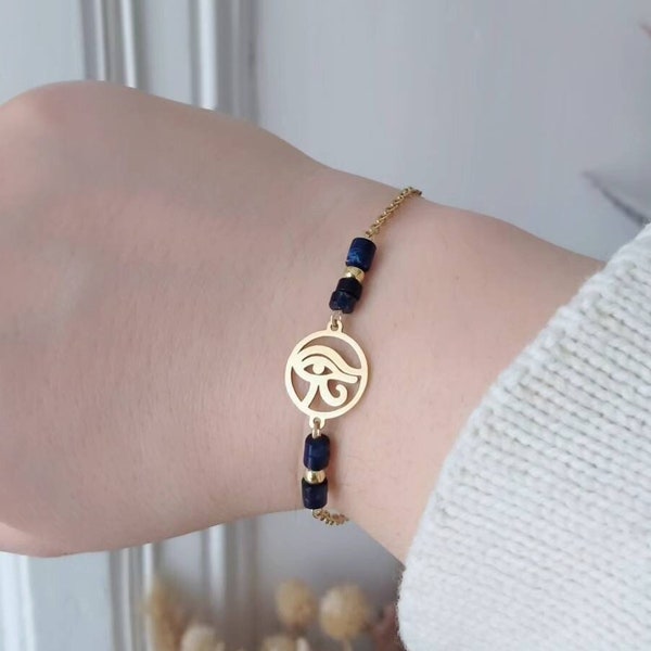 Bracelet oeil d'Horus bleu marine acier inoxydable