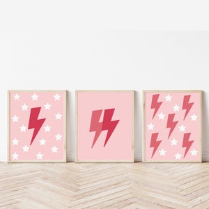 Pink Lightning Bolts Set of 3 Wall Art - INSTANT DOWNLOAD - Preppy Wall Decor, Printable, Preppy Wall Art, Preppy Poster Art