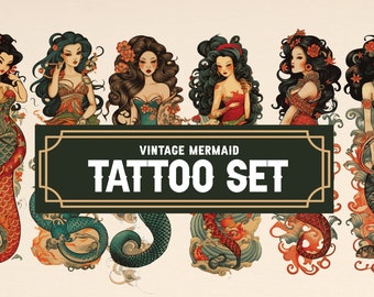 Traditional Japanese Mermaid Old School Vintage Tattoo Set PNG EPS SVG Clipart *digital only* 2A