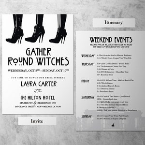 Może przedstawiać: Czarno-białe zaproszenie na weekend ślubny. Zaproszenie zawiera grafikę trzech czarodziejskich butów i tekst "Gather Round Witches". Zaproszenie jest na ślub Laury Carter, który odbędzie się w hotelu Hilton w Nowym Orleanie, Luizjana. Zaproszenie zawiera plan weekendu z wydarzeniami, takimi jak wycieczka autobusem z duchami, dzień przy basenie i brunch jazzowy.