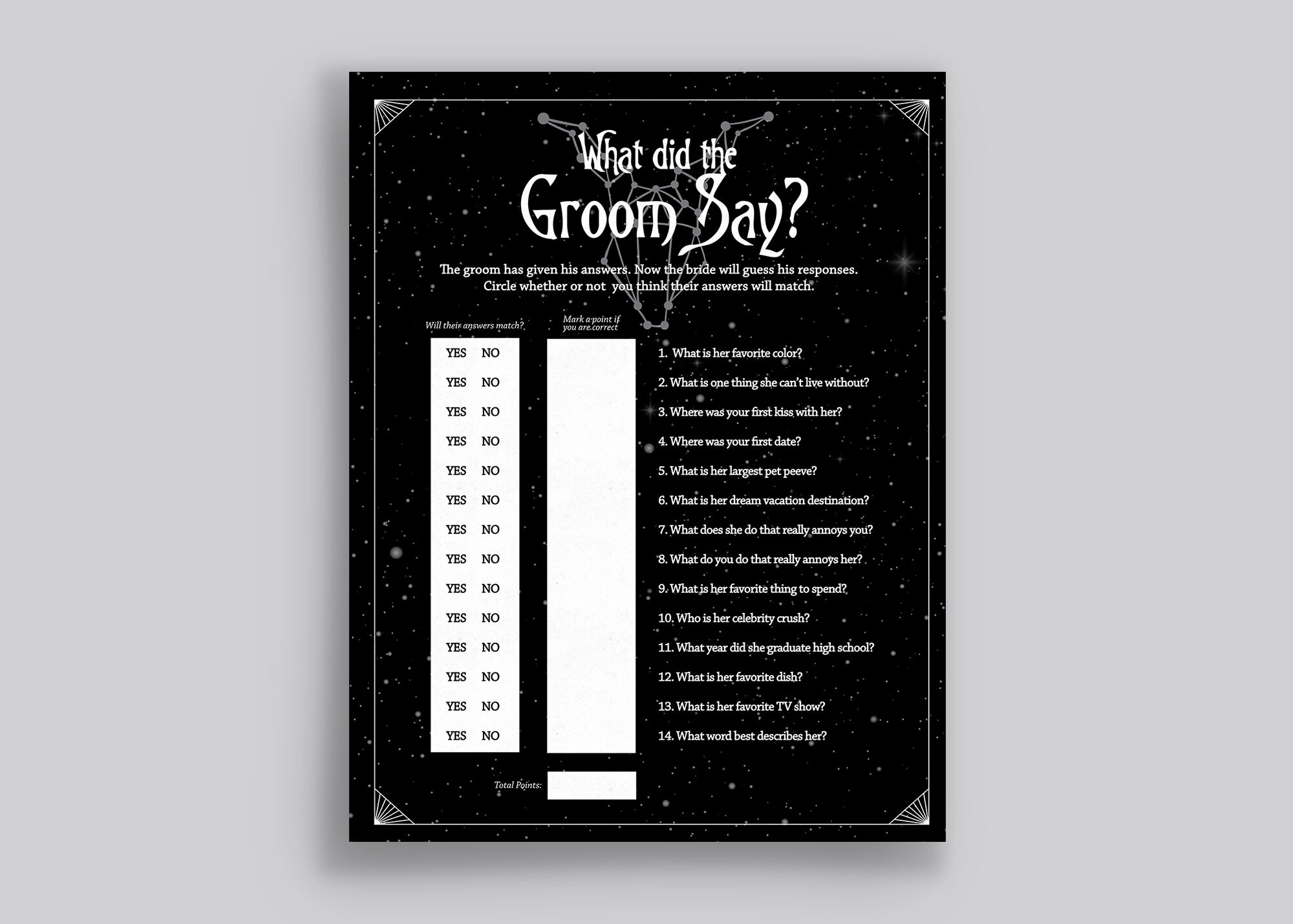 What did the Groom Say? Game - Black Bridal/Bachelorette Party Game - Witchy, Gothic, Mystical