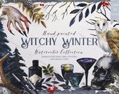 Witchy Winter Elements - drinks, potions, witch herbs, birds, candles, a couple of skulls, magic PNG JPG