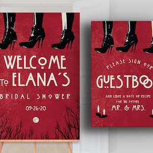 Peut inclure: Une pancarte d'accueil rouge avec des silhouettes noires de bottes à talons hauts et le texte "Bienvenue au Bridal Shower d'Elana 09-26-20". Une deuxième pancarte indique "Veuillez signer notre livre d'or et laisser un mot ou une recette pour le futur M. et Mme."