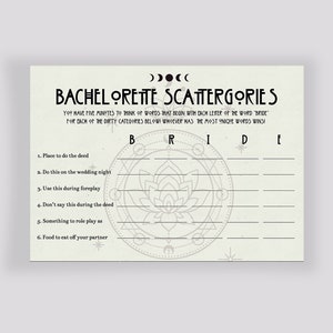 Witchy Scattergories - Tarot Crystals Moon Bridal Shower Bachelorette Kit/Games Gothic (mistyczny czarowniczy ezoteryczny, niebiański)