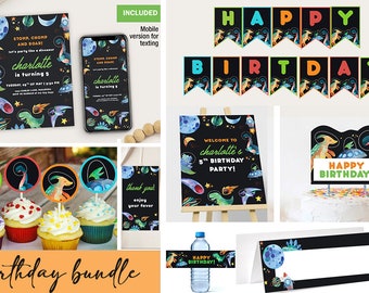 May include: A dinosaur-themed birthday party printable bundle with a black and green color scheme. The bundle includes a welcome sign, invitations, cupcake toppers, a cake topper, a water bottle label, and place cards. The text on the invitations reads "Stomp, Chomp and Roar! Charlotte is turning 5".