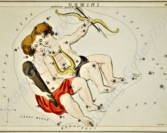 The Gemini.Astronomical Antique chart illustration of the zodiac Gemini from 1831,Astrology Stars Vintage Truck.Vintage poster zodiac signs