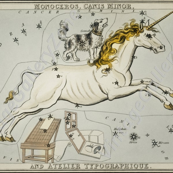 Monoceros, Canis Minor and the Atelier Typographique Astronomical Antique chart illustration the constellations of the stars.Vintage poster.