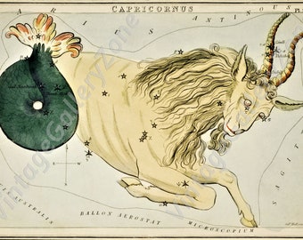 The Capricornus, Astronomical Antique chart illustration of the Capricornus, Astrology Stars Vintage Truck. Vintage poster zodiac signs.