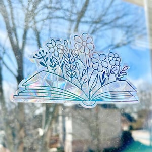 Rainbow Suncatcher window cling, removable window decal, rainbows, prismatic window cling, removable and repositionable, book lover, flowers