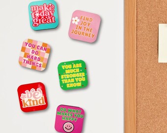 Positivity Magnet Set, Inspirational Refrigerator Magnets, 2X2, Positive Motivation, Office, Locker, Be Kind, Happy, Set of 6