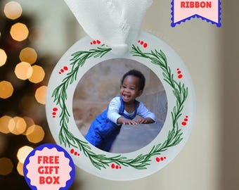 Adorno navideño con foto, vidrio esmerilado personalizado, recuerdo con foto familiar, adorno navideño personalizado, recuerdo personalizado, adorno con foto