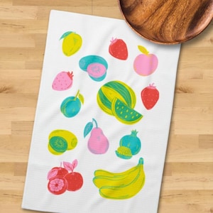 Fun Fruits Kitchen Towel, bright kitchen dish towel, microfiber towel, waffle weave, Housewarming gift, colorful dish towel