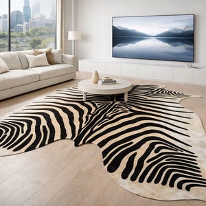 May include: A zebra-striped area rug dominates a modern living room. The rug's black and white pattern contrasts with the light-colored sofas and round coffee table. A large window offers a city view, and a large TV is mounted on the wall.