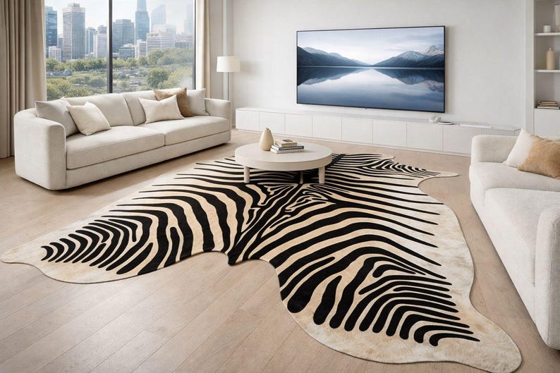 May include: A zebra-striped area rug dominates a modern living room. The rug's black and white pattern contrasts with the light-colored sofas and round coffee table. A large window offers a city view, and a large TV is mounted on the wall.