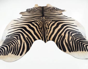 Large Zebra Print Cowhide, Black and White Animal Pattern Leather Area Rug, Real Cow Skin, Modern Safari Home Decor