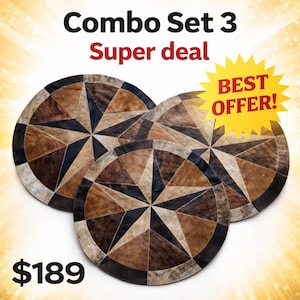 May include: Combo Set 3 of three round rugs with a starburst design in shades of brown, black, and cream. The text "Super deal" and "BEST OFFER!" are displayed. The rugs are made of a textured material.