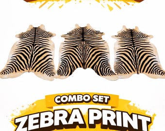 Combo Set 3 - Cowhide Rug Huge Zebra Print Leather  Rug 6x6 ft