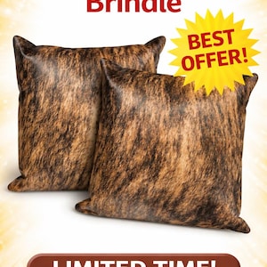 May include: Two square pillows with a brindle pattern, featuring shades of brown and black. The pillows have a textured appearance and are displayed against a bright background. Text reads "Pillow Set Brindle" and "Best Offer!" and "Limited Time!"