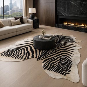 May include: A modern living room featuring a cream-colored sofa, a zebra-print rug, and a black coffee table. The room has a fireplace and large windows overlooking a cityscape. Decorative pillows and a vase add to the decor.