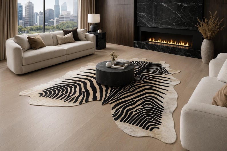 May include: A modern living room featuring a cream-colored sofa, a zebra-print rug, and a black coffee table. The room has a fireplace and large windows overlooking a cityscape. Decorative pillows and a vase add to the decor.