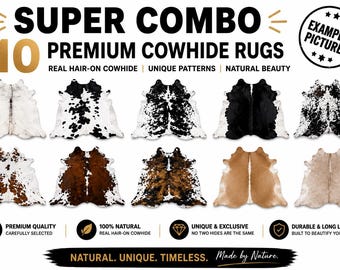 May include: A promotional image showcasing ten premium cowhide rugs with unique patterns. The rugs display a variety of colors, including white, black, brown, and tan. The text "SUPER COMBO" and "10 PREMIUM COWHIDE RUGS" are prominently displayed.