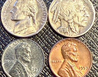 U.S. COINS Set ~ Buffalo Nickel, 1943 WW2 Steel Cent, Unc Nickel and Lincoln Cent - Own A Piece of History!