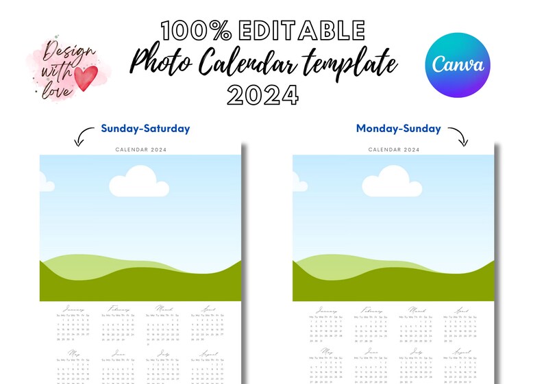 2024 Photo Wall Calendar Canva Template 24x36 Inches 100 Editable Etsy