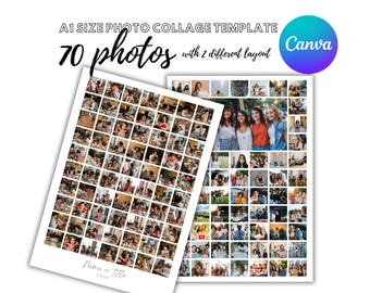 Könnte beinhalten: A1-Fotocollage-Vorlage mit 70 Fotoplätzen und zwei verschiedenen Layouts. Die Canva-Vorlage enthält Platz für einen Namen oder Titel. Das Design zeigt ein farbenfrohes Canva-Logo.