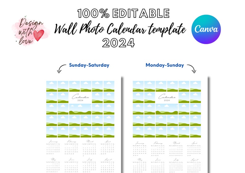 2024 Photo Wall Calendar Canva Template 24x36 Inches Fully Editable Etsy