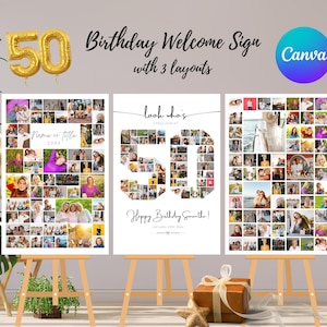 Ensemble de plaques de bienvenue pour 50e anniversaire | Modèles Canva avec 3 mises en page | Numéro 50 pour collage photo, affiche et enseigne de fête | Téléchargement numérique modifiable