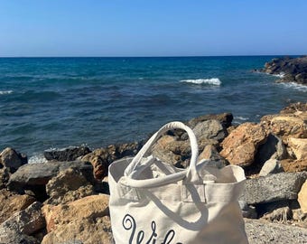 Personalized Large Canvas Tote Bag, Embroidered Beach Shopper