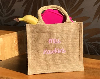 Personalized Jute Lunch Bag - Custom Text Tote, Teacher Gift