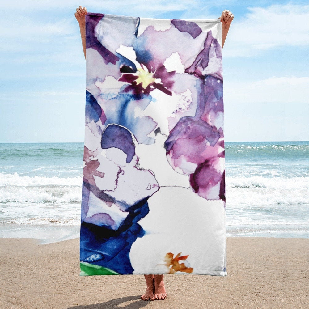 Floral Bath Towel handpainted watercolor fine art design by | Etsy